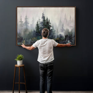 Misty Pine Forest Oil Painting Canvas — Dark Moody Teal Grey