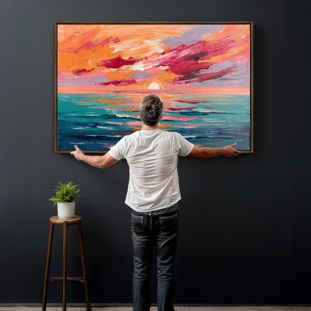 Bold Palette Knife Ocean Sunset Canvas — Orange Pink Teal