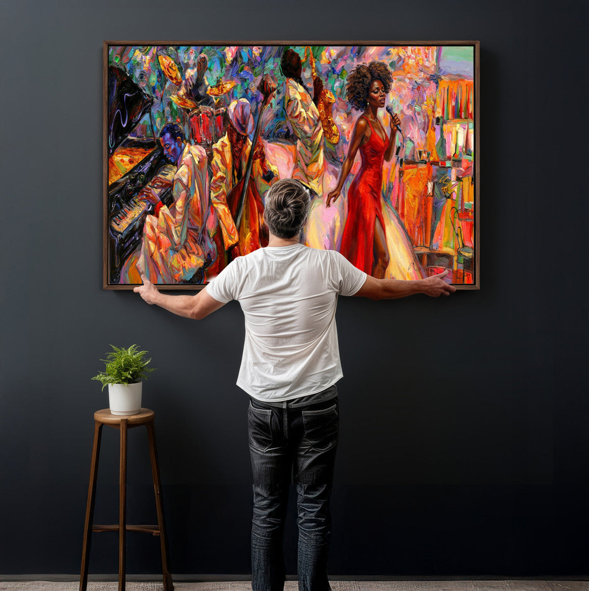 African American Jazz Singer Canvas Art — Red Dress Black