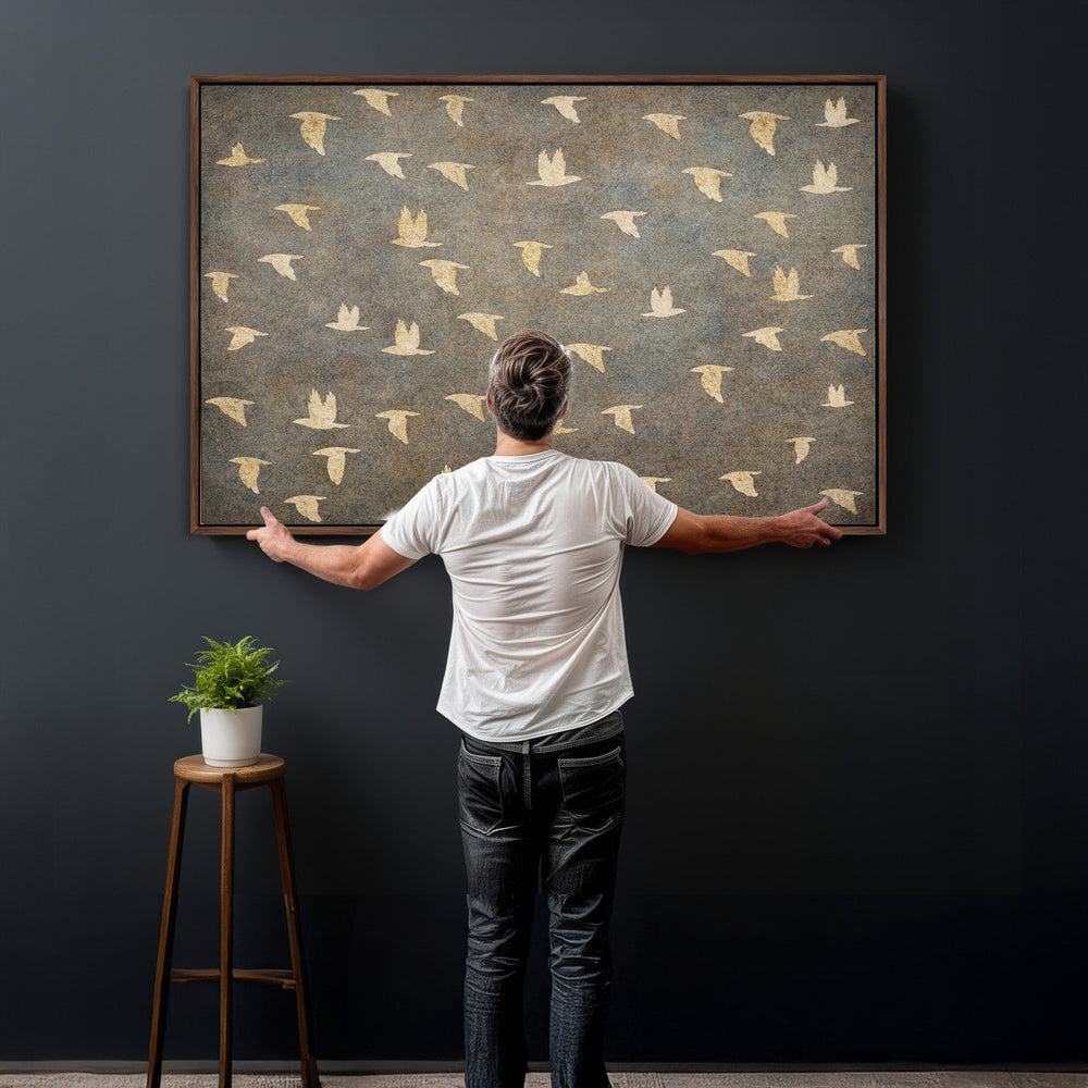 Flying Birds Canvas Wall Art, Vintage Bird Flock Pattern