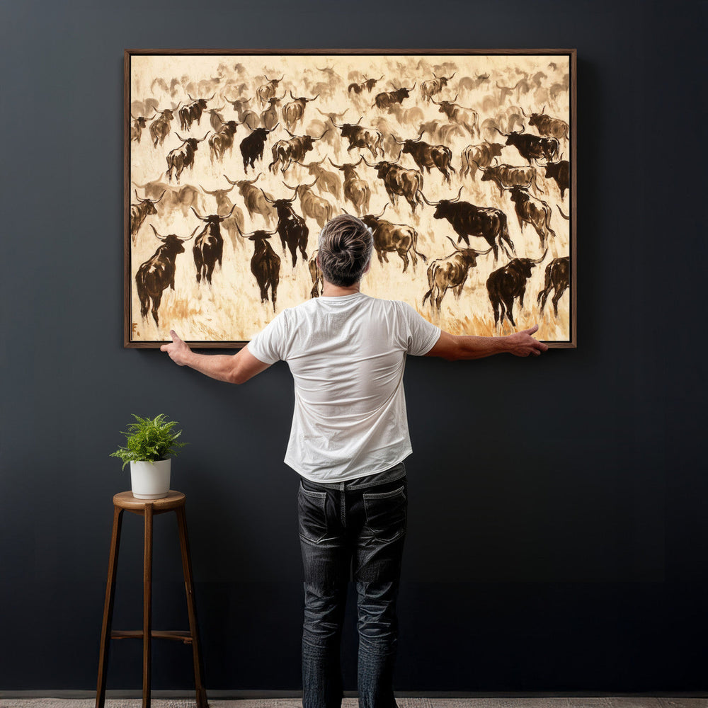 Texas Longhorn Sepia Canvas Wall Art, Western Cattle