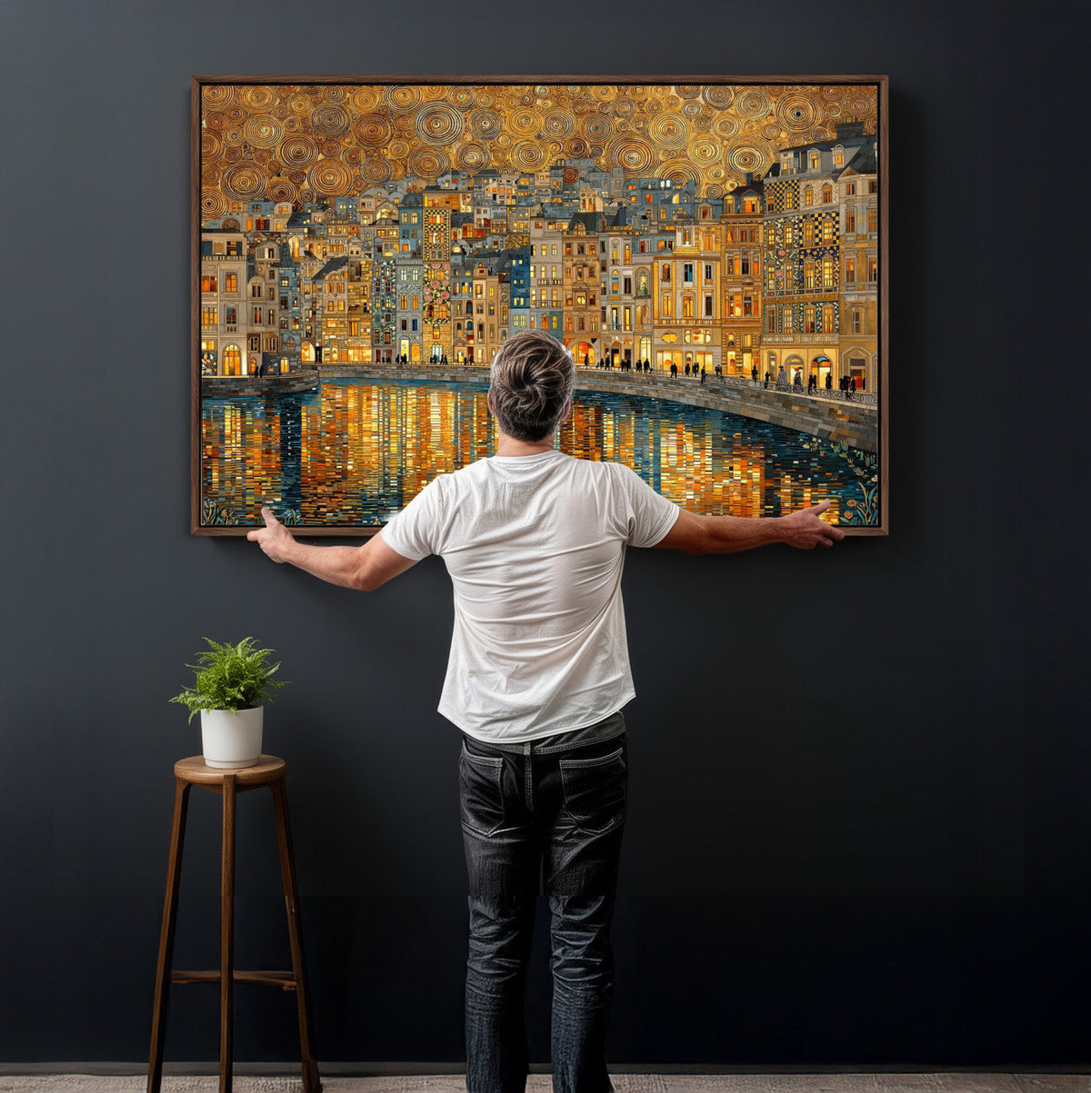 Gustav Klimt Golden Cityscape Wall Art Canvas Print, Framed