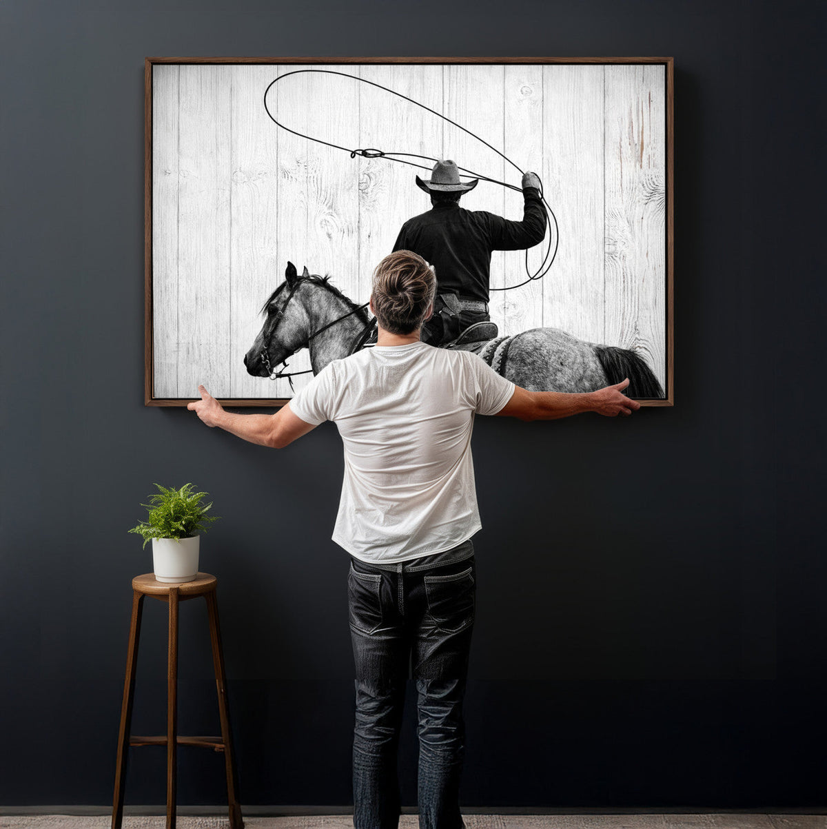Cowboy Lasso Canvas Wall Art, Black White Western Horse