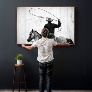 Cowboy Lasso Canvas Wall Art, Black White Western Horse