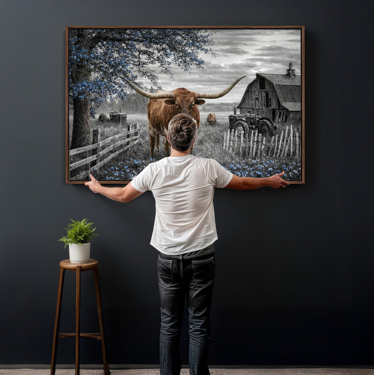 Texas Longhorn Canvas Wall Art, Rustic Farm Barn Bluebonnet