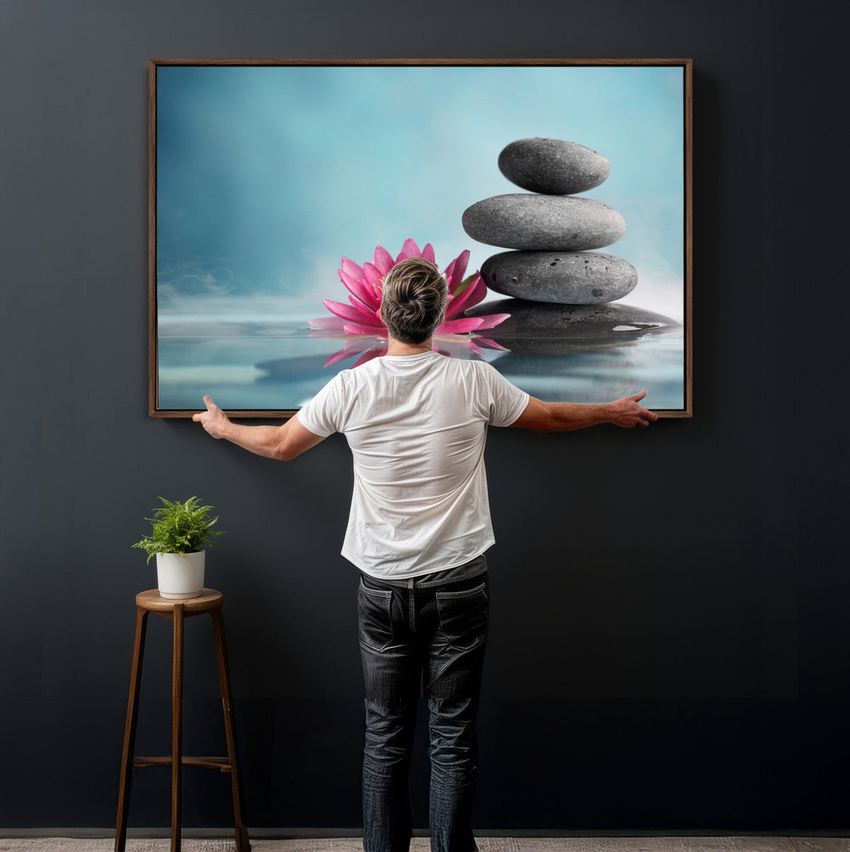 Zen Canvas Wall Art Lotus Flower Stacked Stones Teal Spa