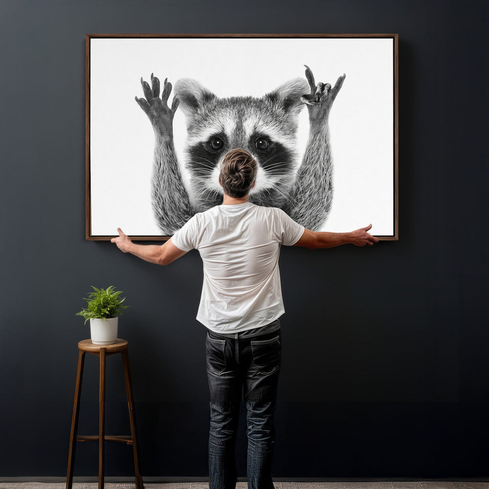 Funny Raccoon Canvas Wall Art, Black White Hands Up Animal Photo Print, Humorous Wildlife Decor, Kids Room Nursery Art, Quirky Animal Gift