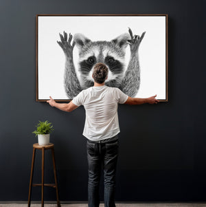 Funny Raccoon Canvas Wall Art, Black White Hands Up Animal Photo Print, Humorous Wildlife Decor, Kids Room Nursery Art, Quirky Animal Gift