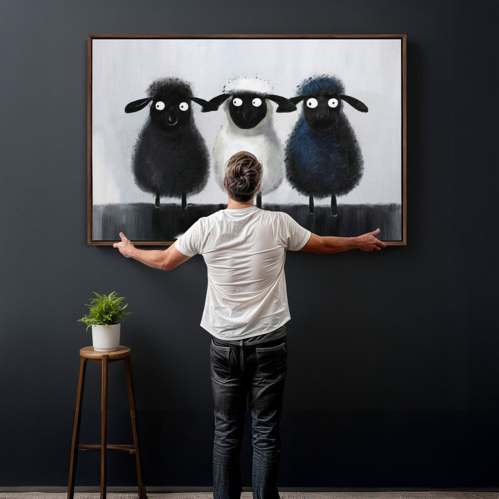 Funny Sheep Canvas Wall Art, Three Quirky Sheep Painting Print, Cute Animal Nursery Decor, Black White Navy Farmhouse Art, Kids Room Gift