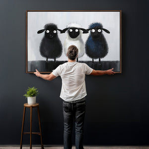 Funny Sheep Canvas Wall Art, Three Quirky Sheep Painting Print, Cute Animal Nursery Decor, Black White Navy Farmhouse Art, Kids Room Gift