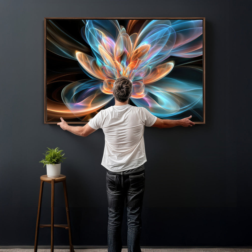 Fractal Lotus Canvas Wall Art, Blue Orange Glowing Flower Abstract Print, Modern Zen Meditation Room Decor, Ethereal Digital Art, Living Room