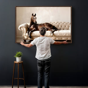 Funny Horse on Sofa Canvas Wall Art, Quirky Horse Lounging Photo Print, Whimsical Animal Decor, Living Room Conversation Art, Horse Lover Gift