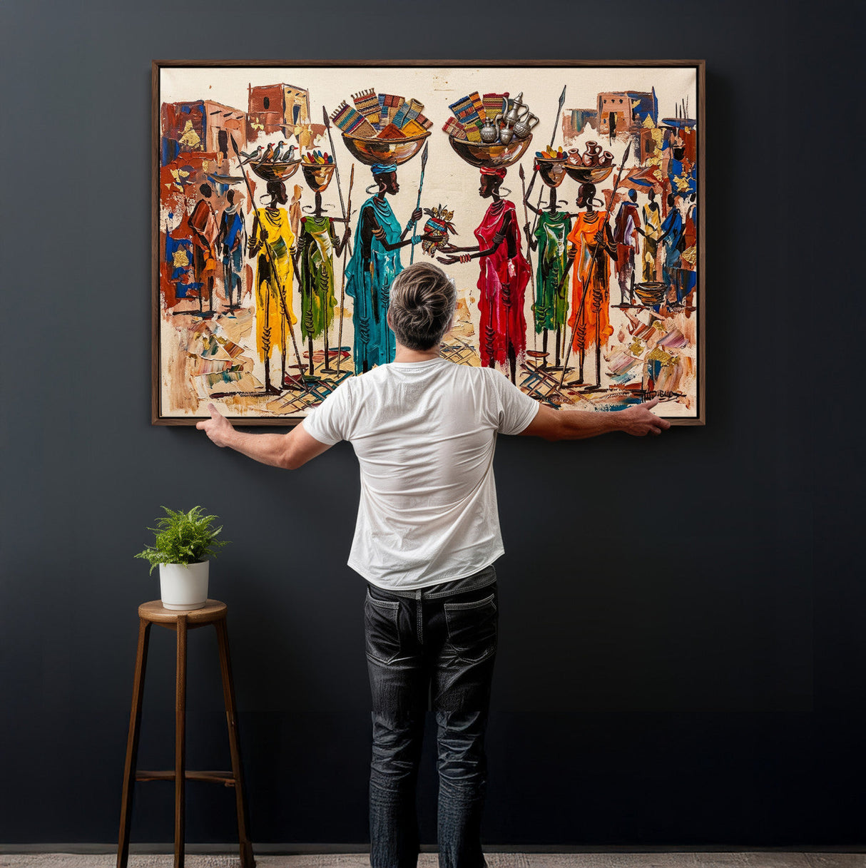 African Folk Art Canvas Wall Art, Colorful African Women Village Painting Print, Tribal Ethnic Home Decor, Vibrant African Art, Living Room