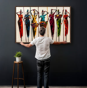 African Folk Art Canvas Wall Art, Colorful African Women Village Painting Print, Tribal Ethnic Home Decor, Vibrant African Art, Living Room