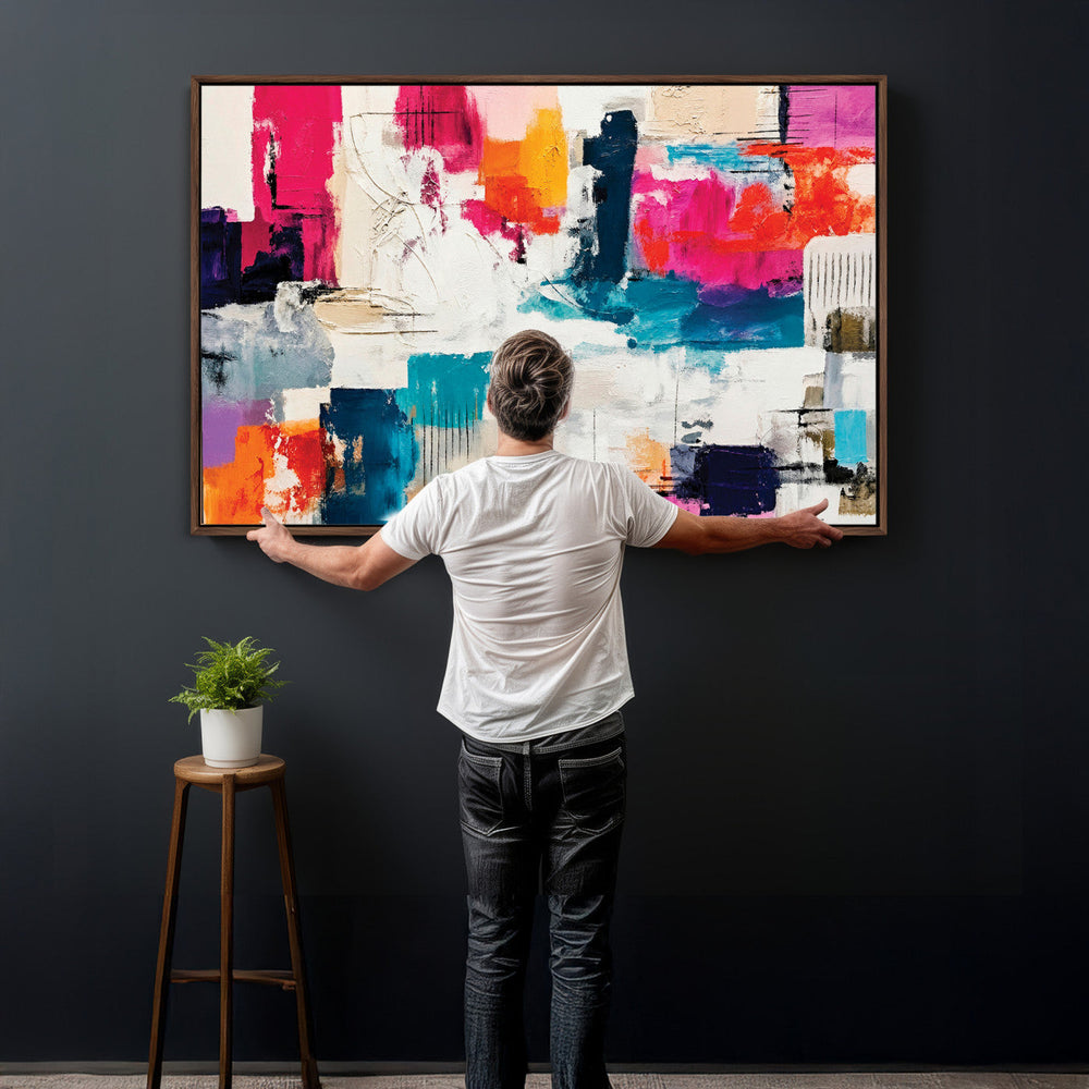 Blue Teal Abstract Canvas Wall Art, Modern Textured Painting Print, Navy Orange White Contemporary Art, Neutral Living Room Decor, Office Art