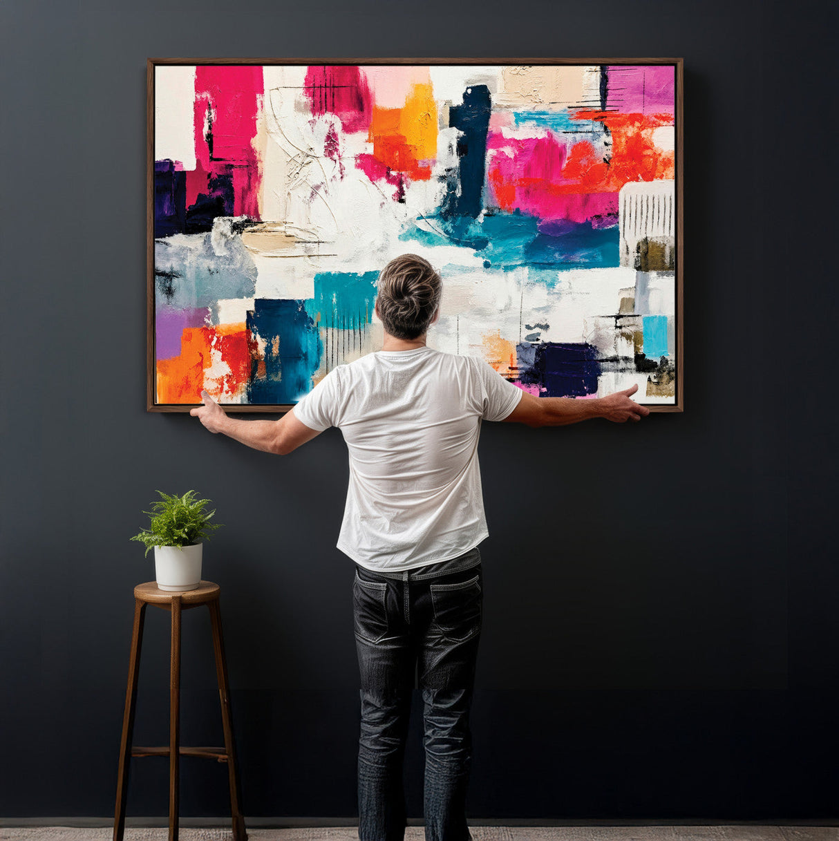Blue Teal Abstract Canvas Wall Art, Modern Textured Painting Print, Navy Orange White Contemporary Art, Neutral Living Room Decor, Office Art