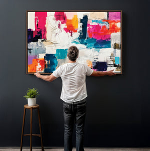 Blue Teal Abstract Canvas Wall Art, Modern Textured Painting Print, Navy Orange White Contemporary Art, Neutral Living Room Decor, Office Art