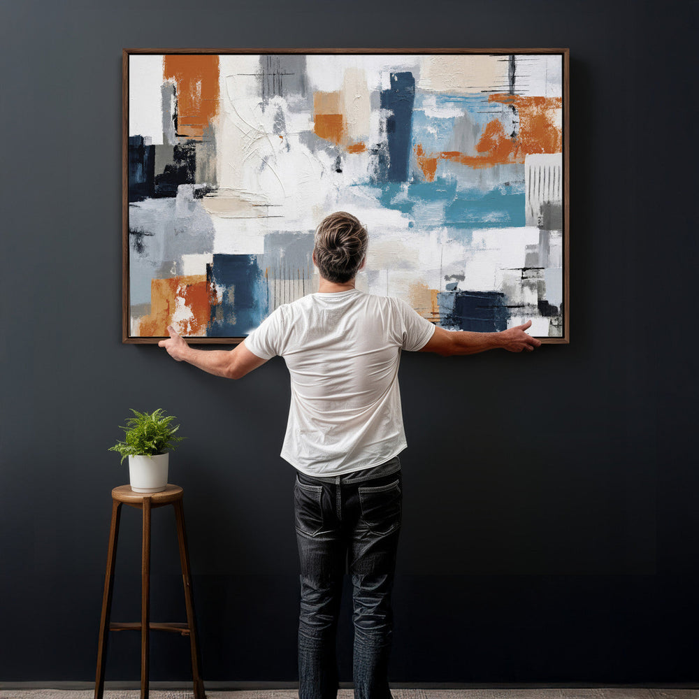 Blue Teal Abstract Canvas Wall Art, Modern Textured Painting Print, Navy Orange White Contemporary Art, Neutral Living Room Decor, Office Art