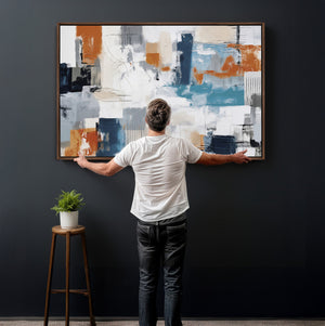 Blue Teal Abstract Canvas Wall Art, Modern Textured Painting Print, Navy Orange White Contemporary Art, Neutral Living Room Decor, Office Art