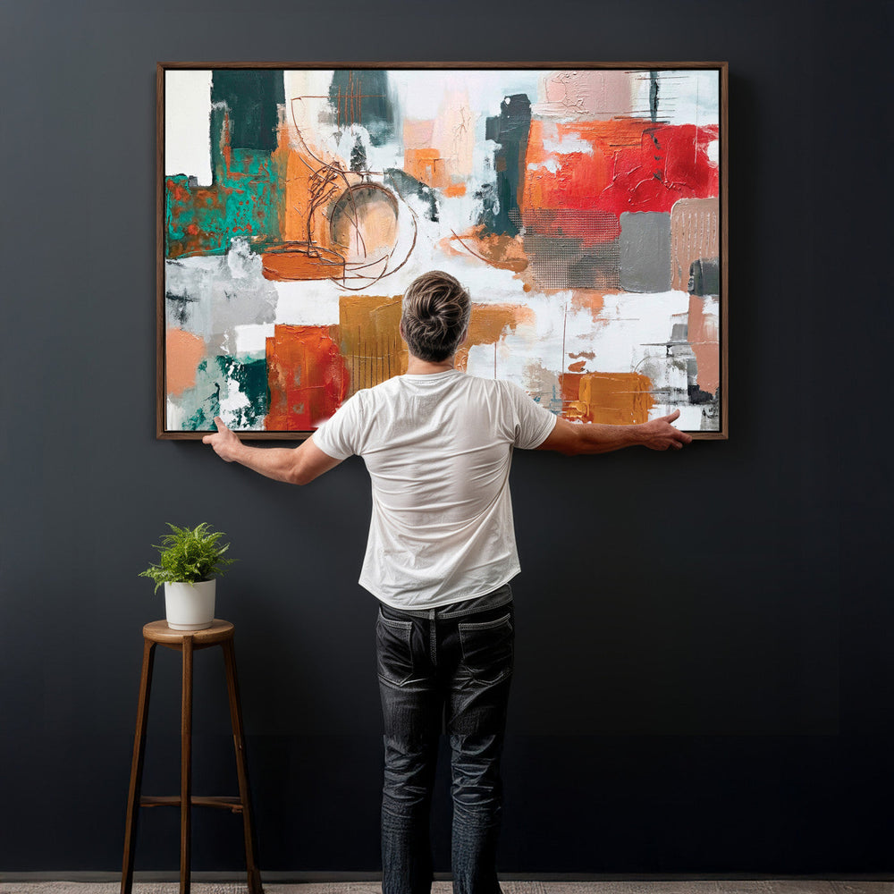 Blue Teal Abstract Canvas Wall Art, Modern Textured Painting Print, Navy Orange White Contemporary Art, Neutral Living Room Decor, Office Art