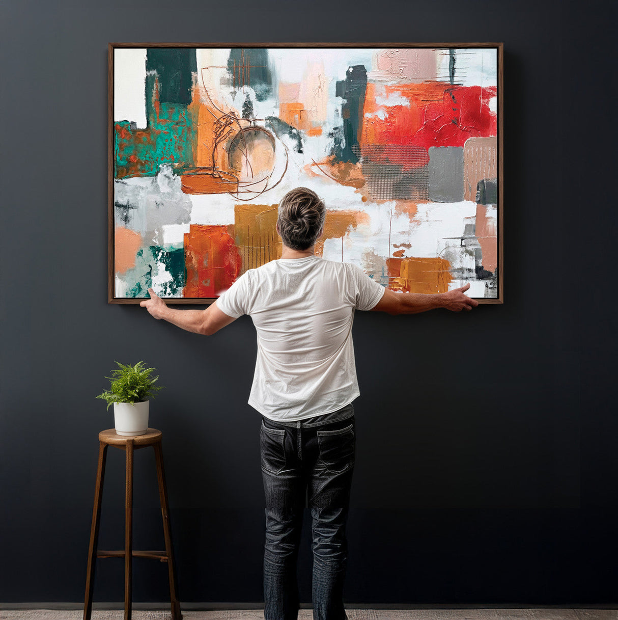 Blue Teal Abstract Canvas Wall Art, Modern Textured Painting Print, Navy Orange White Contemporary Art, Neutral Living Room Decor, Office Art
