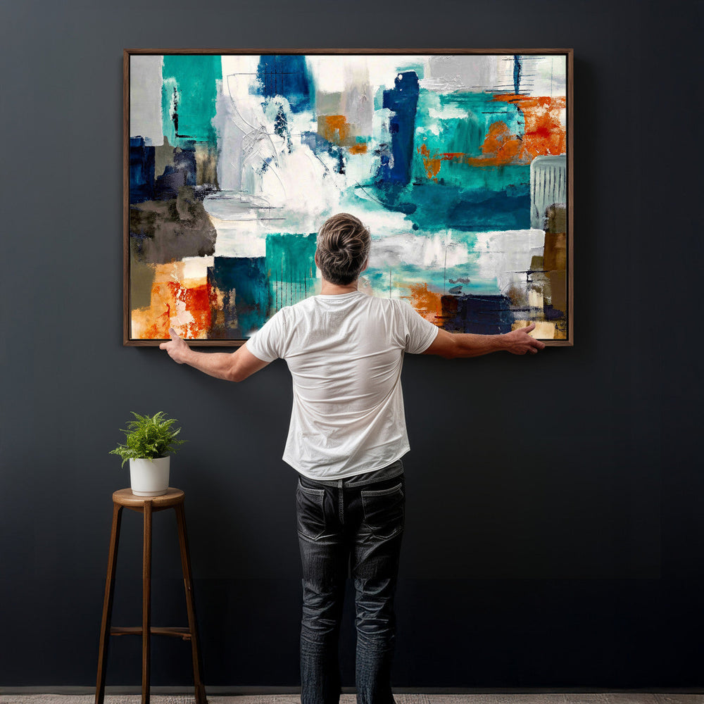 Blue Teal Abstract Canvas Wall Art, Modern Textured Painting Print, Navy Orange White Contemporary Art, Neutral Living Room Decor, Office Art