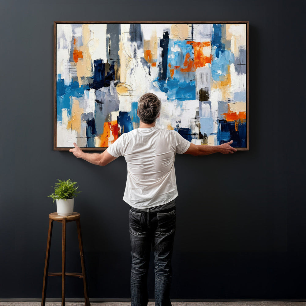 Blue Teal Abstract Canvas Wall Art, Modern Textured Painting Print, Navy Orange White Contemporary Art, Neutral Living Room Decor, Office Art