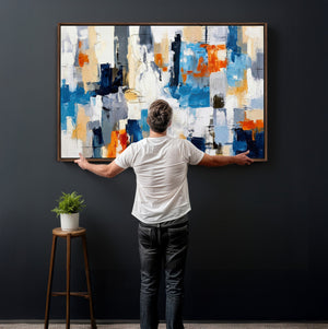Blue Teal Abstract Canvas Wall Art, Modern Textured Painting Print, Navy Orange White Contemporary Art, Neutral Living Room Decor, Office Art