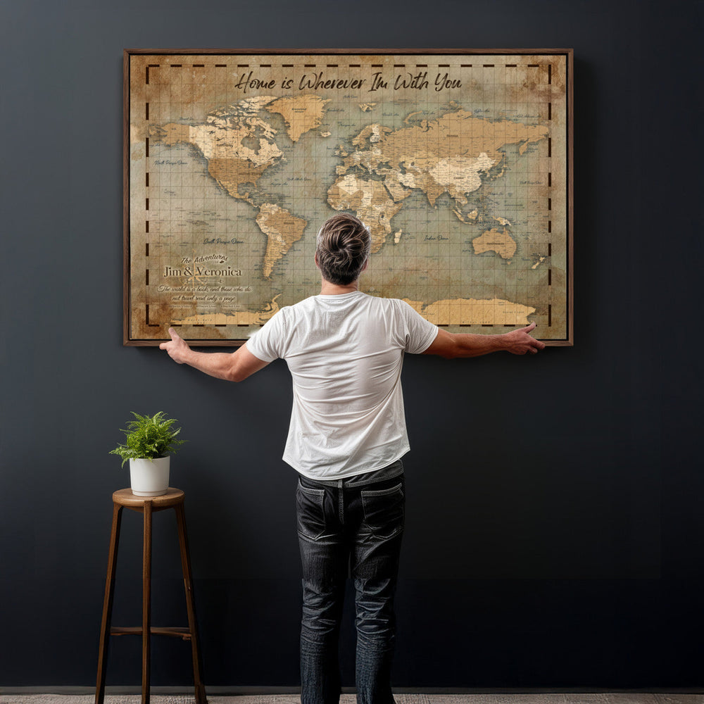 Vintage Personalized Push Pin World Map, Vintage Travel Map Canvas, Custom Names Anniversary Gift, Places Visited Pin Board, Couples Adventure Art