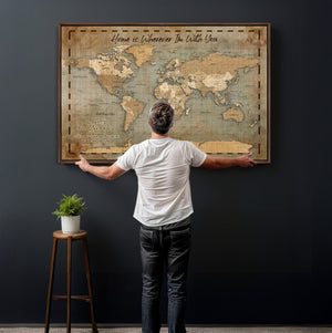 Vintage Personalized Push Pin World Map, Vintage Travel Map Canvas, Custom Names Anniversary Gift, Places Visited Pin Board, Couples Adventure Art