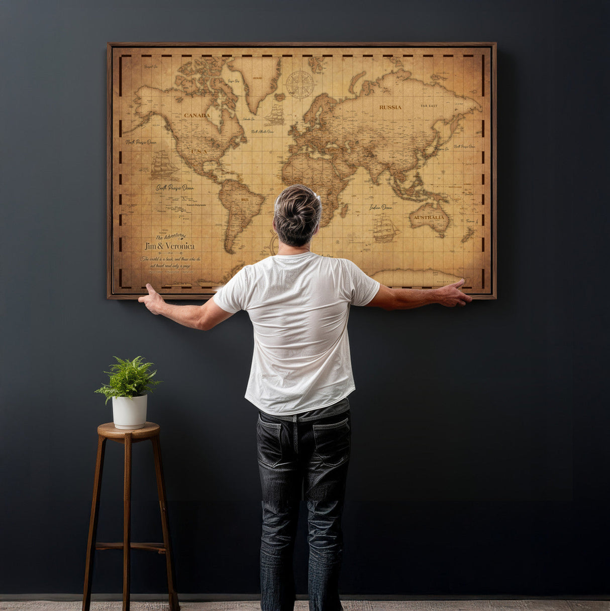 Personalized Push Pin World Map, Vintage Travel Map Canvas, Custom Names Anniversary Gift, Places Visited Pin Board, Couples Adventure Art