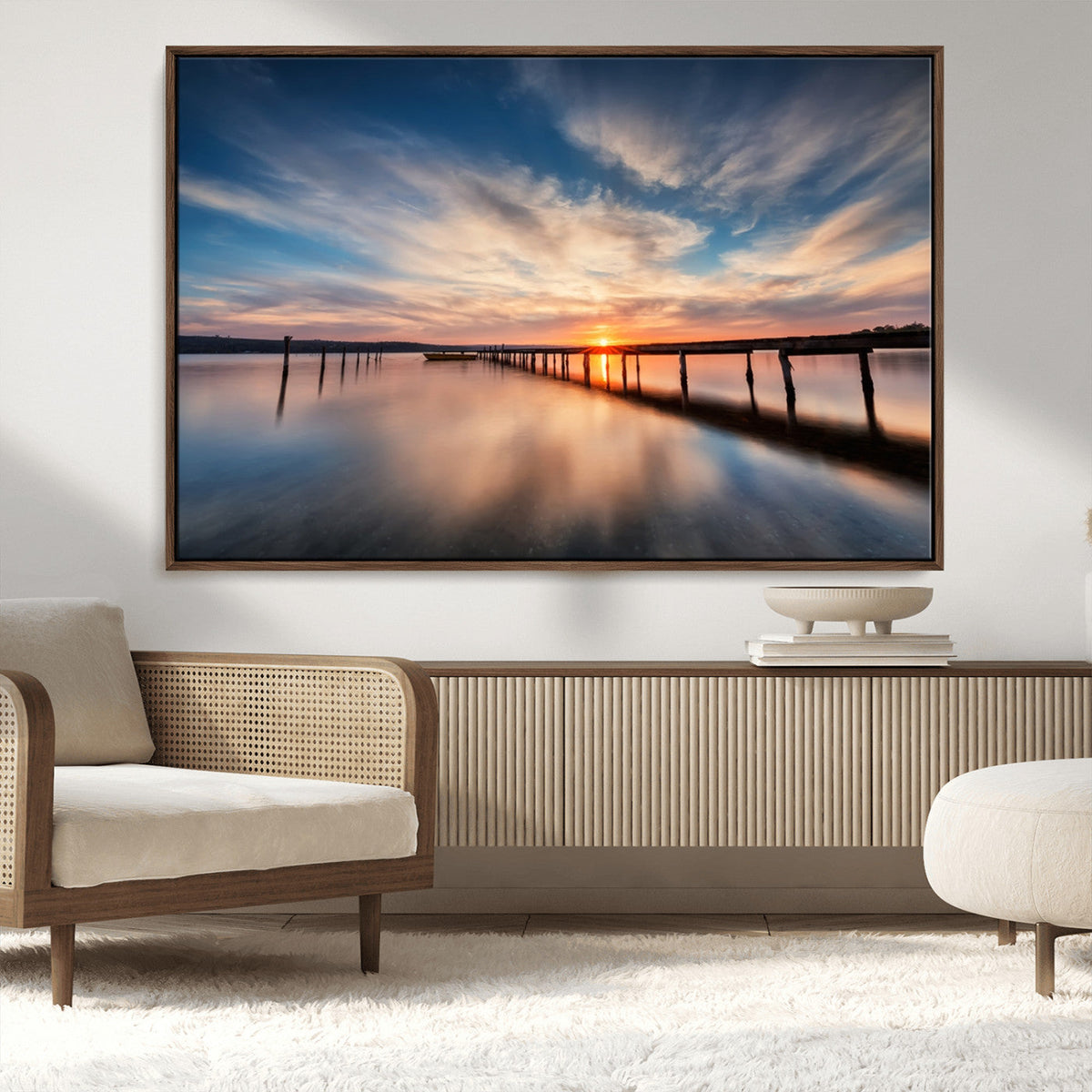 Wooden Pier on Seascape and Sunset Wall Art Canvas Print