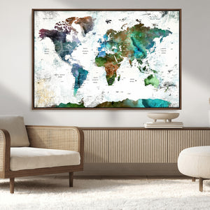 Modern Watercolor World Map Canvas Wall Art – Framed