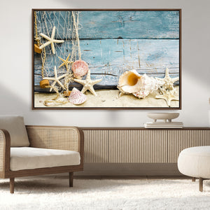 Seashells on Rustic Wooden Background, Seashells Wall Art