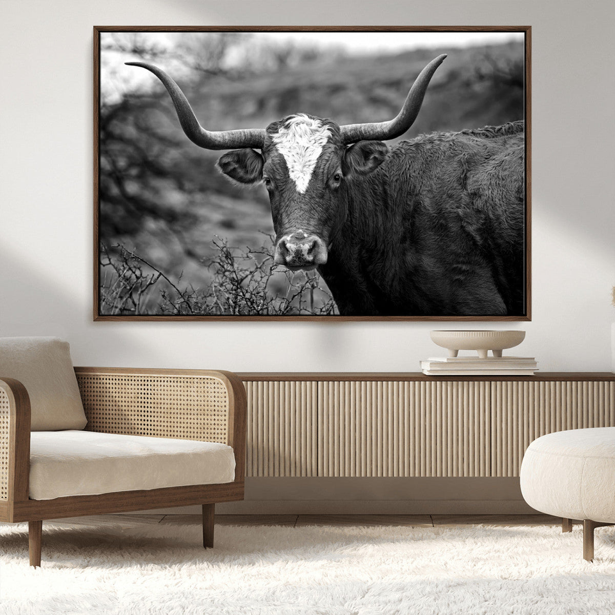 Western Home Wall Art Canvas Print, Framed Texas Longhorn