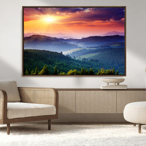 Beautiful Sunset over Hills Forest Landscape Canvas Wall Art