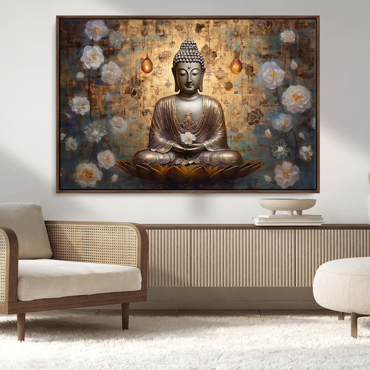 Golden Buddha Wall Art Canvas Print | Zen Meditation Floral