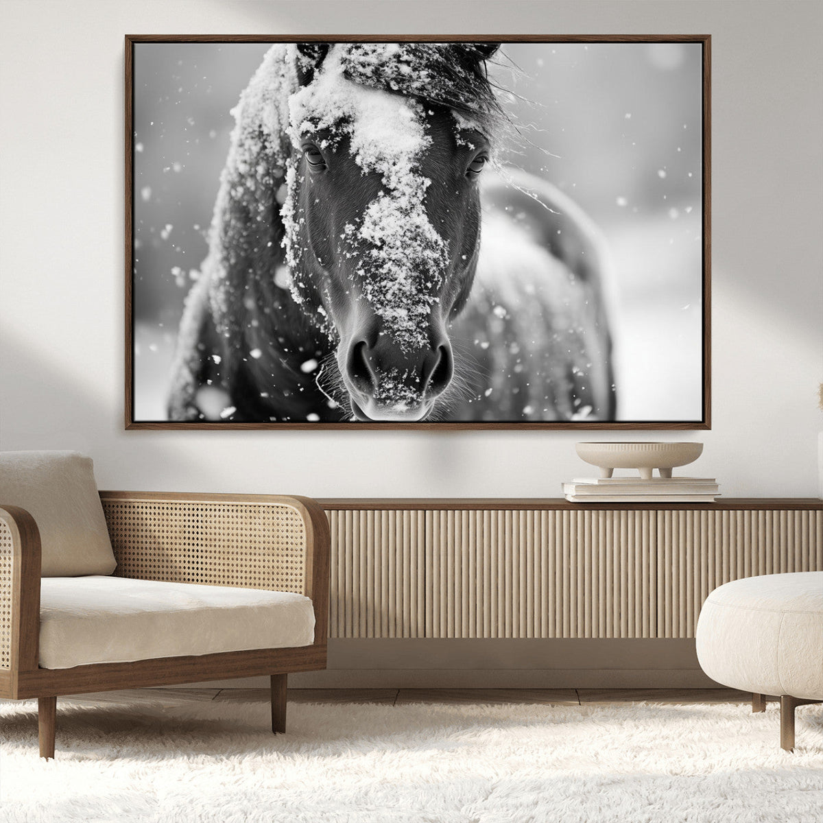 Black and White Horse Winter Wall Art | Ready to Hang and