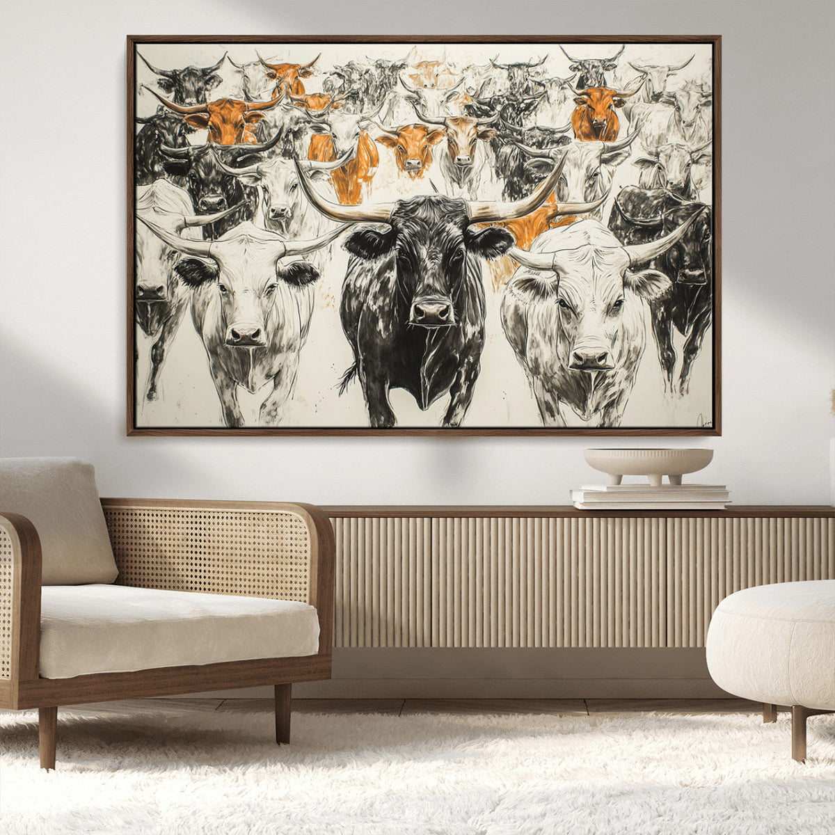 Farmhouse Wall Art | Western Longhorn Cattle Canvas Print |