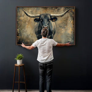 Texas Longhorn Bull Wall Art – Framed Rustic Cow Canvas