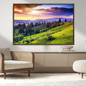 Green Hills and Sunset Wall Art Print - Scenic Landscape