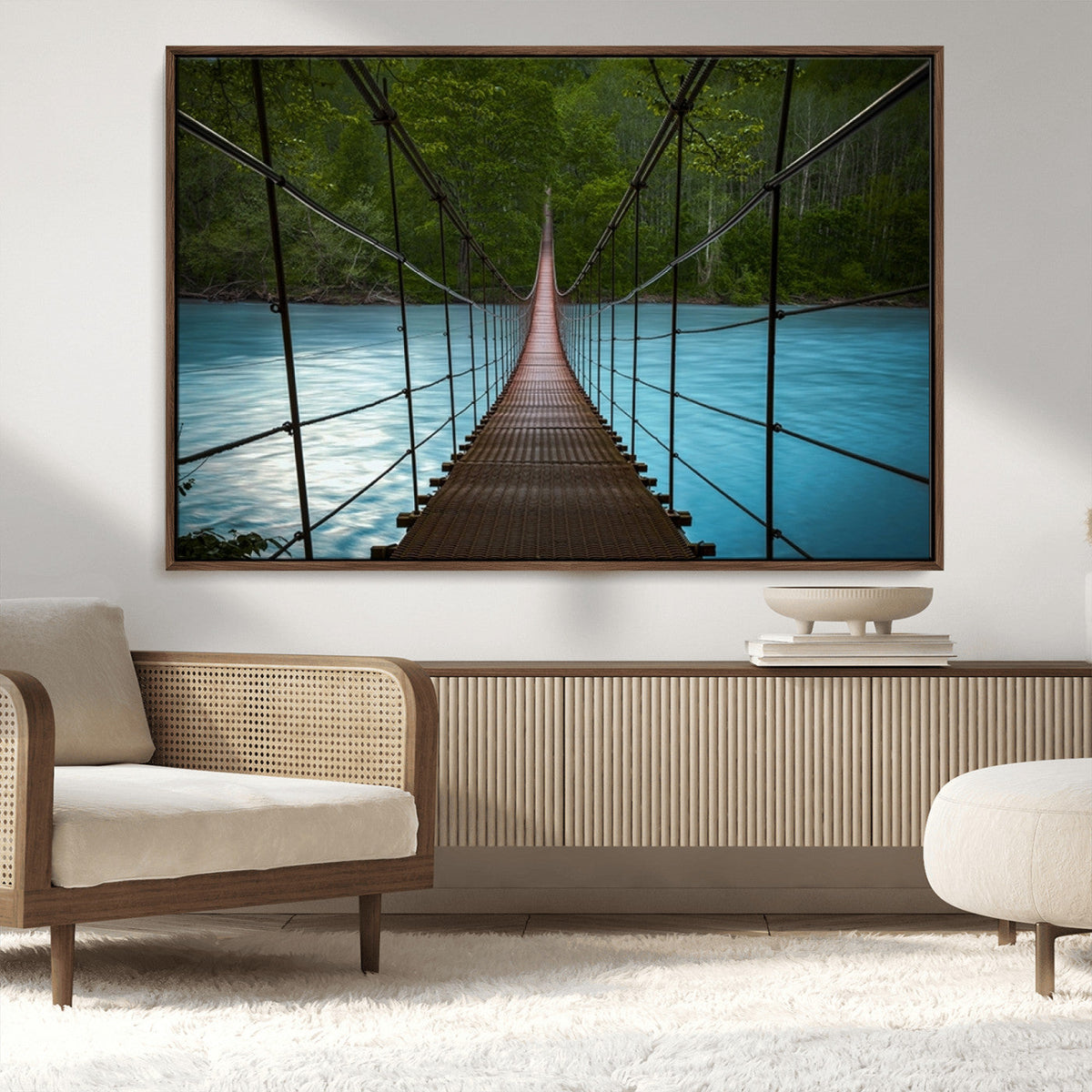 Suspension Bridge Over River Canvas Art | 3-Panel Nature