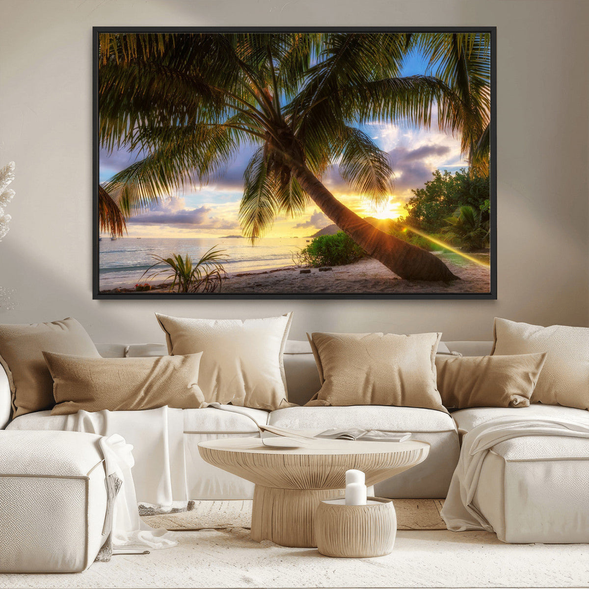 Tropical Island Sunset on the Beach Palms Wall Art Canvas