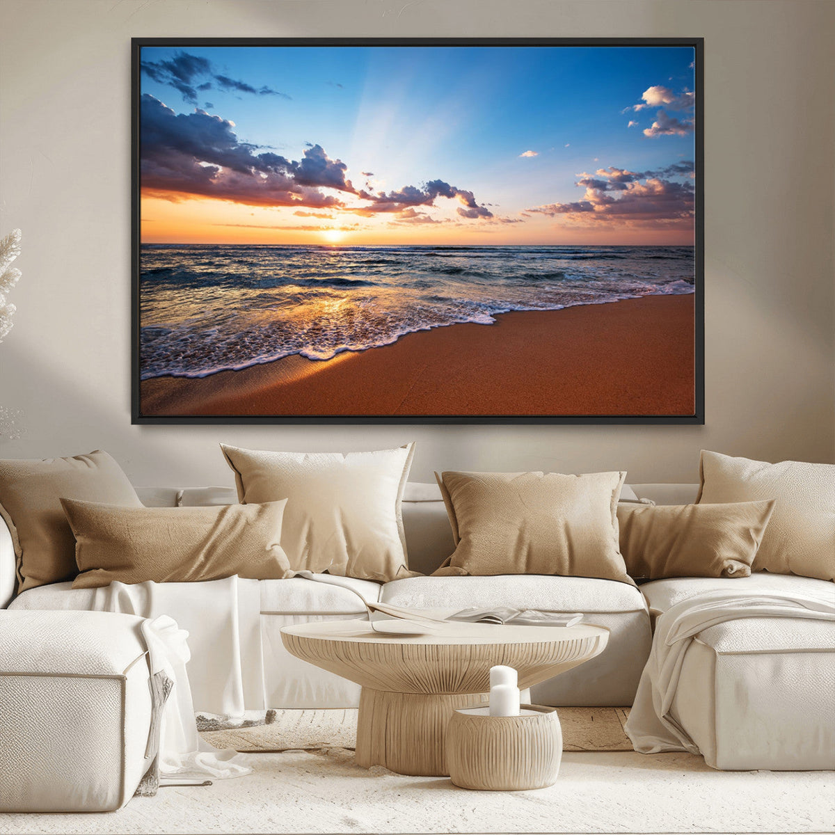 Serene Ocean Sunset Canvas Print, Golden Hour Beach Wall