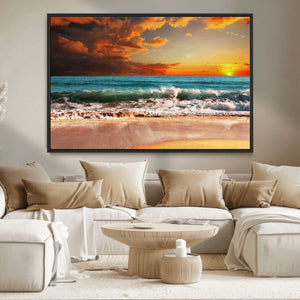 Golden Sunset Beach Canvas Wall Art – Triptych Seascape