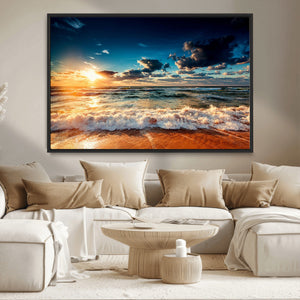 Golden Hour Sunset Over Ocean Waves Wall Art Canvas Print |