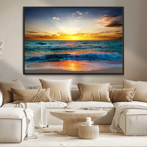 Vibrant Ocean Sunrise Over Golden Beach Waves, Giclee Canvas