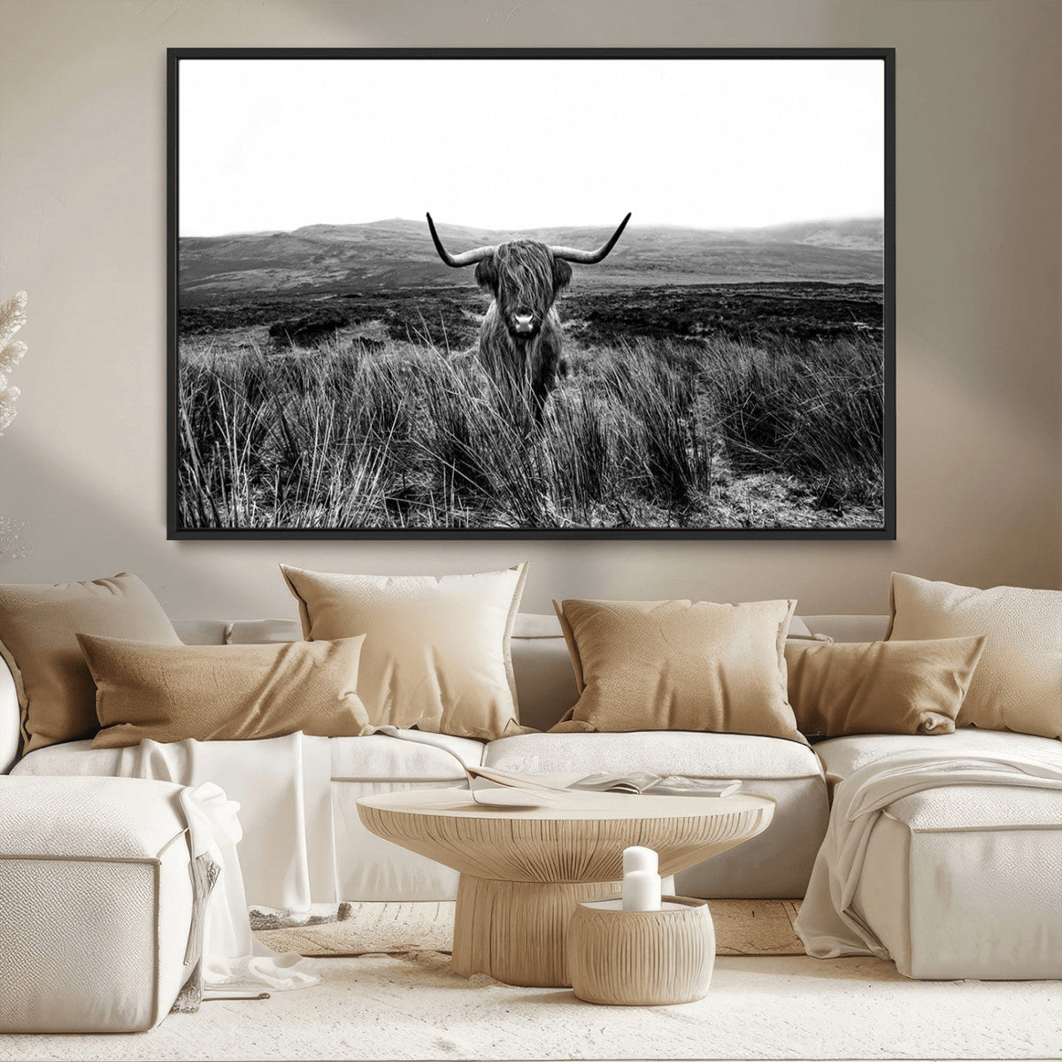 Black and White Highland Cow Canvas Wall Art, Longhorn