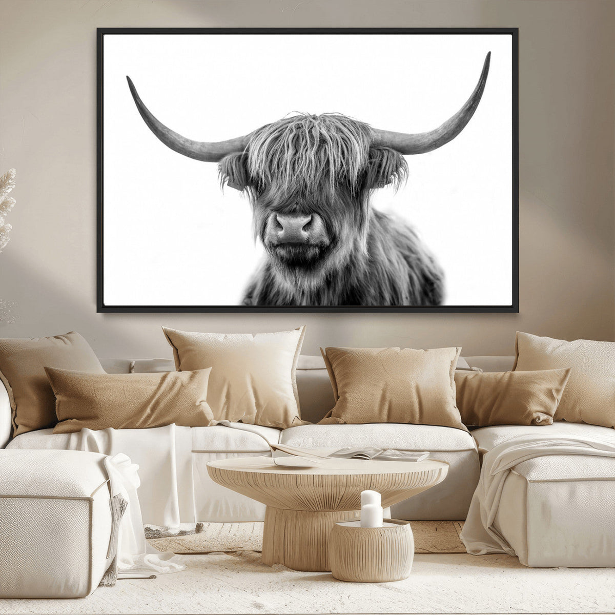 Grayscale Scottish Highland Cow Cattle Art Print Farmhouse