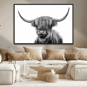 Grayscale Scottish Highland Cow Cattle Art Print Farmhouse